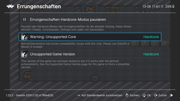 Wenn ein Core keine RetroAchievements unterstützt, wird dies wie folgt angezeigt. (Bild: Nintendo / Screenshot: Medienagentur Plassma)